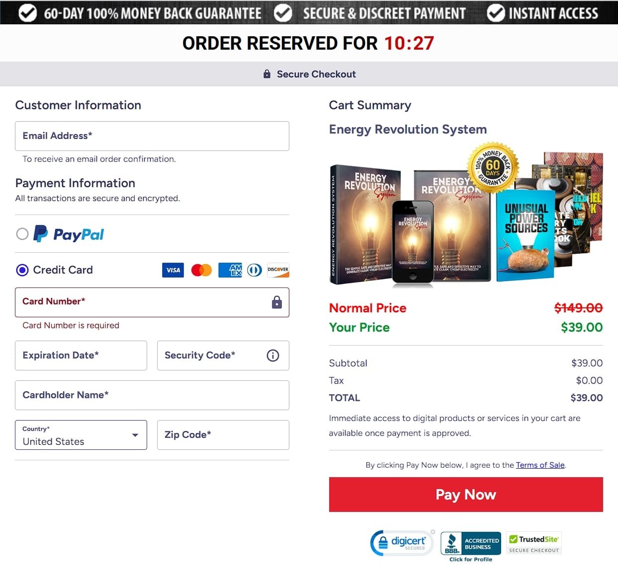 checkout page of energy revolution system